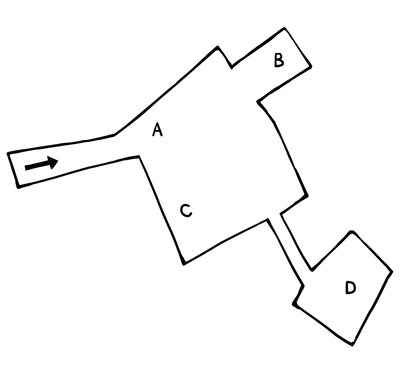 会場地図：A入口、B洞窟、C岩壁、D断崖